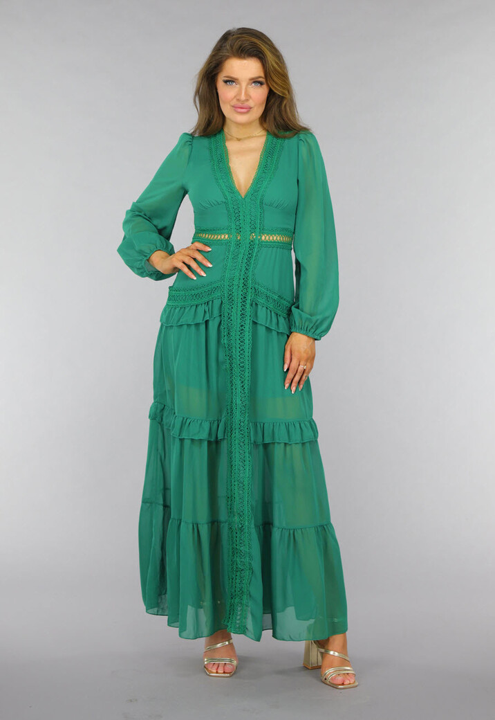 Groene Ruffle Jurk met Pofmouwen