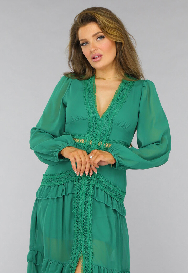 Groene Ruffle Jurk met Pofmouwen