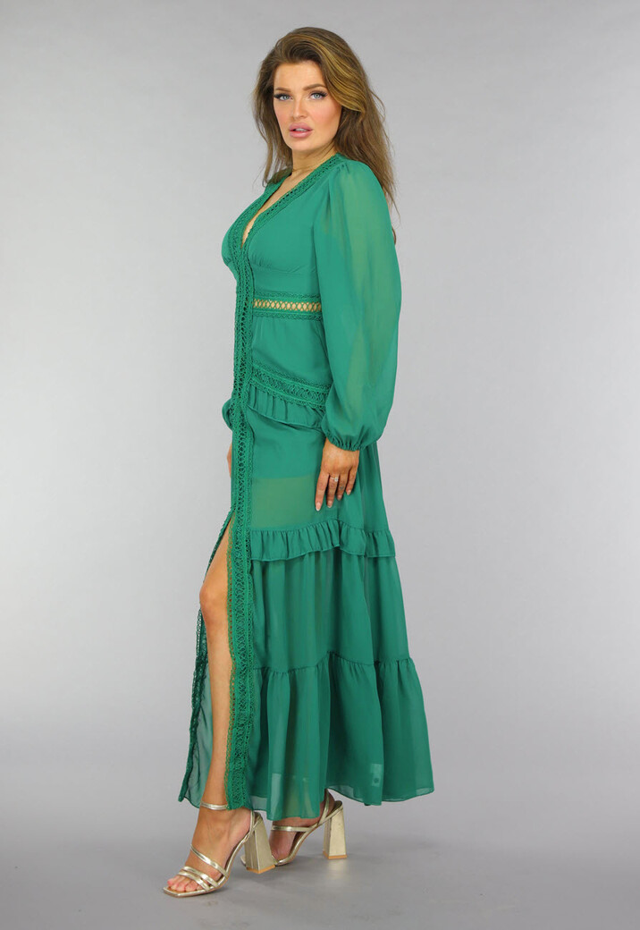 Groene Ruffle Jurk met Pofmouwen