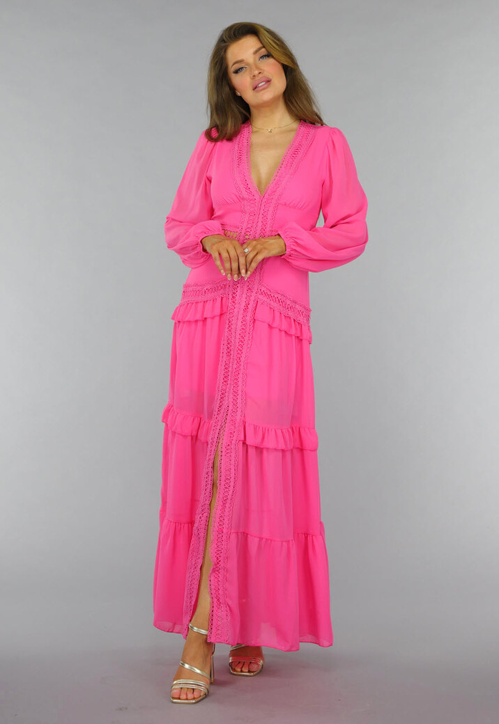 Roze Longsleeve Boho Jurk met Ruches