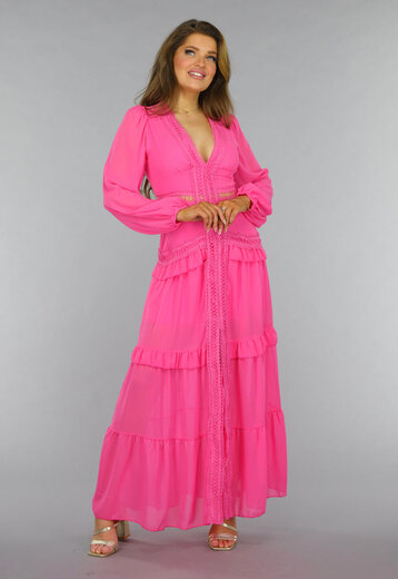 Roze Longsleeve Boho Jurk met Ruches