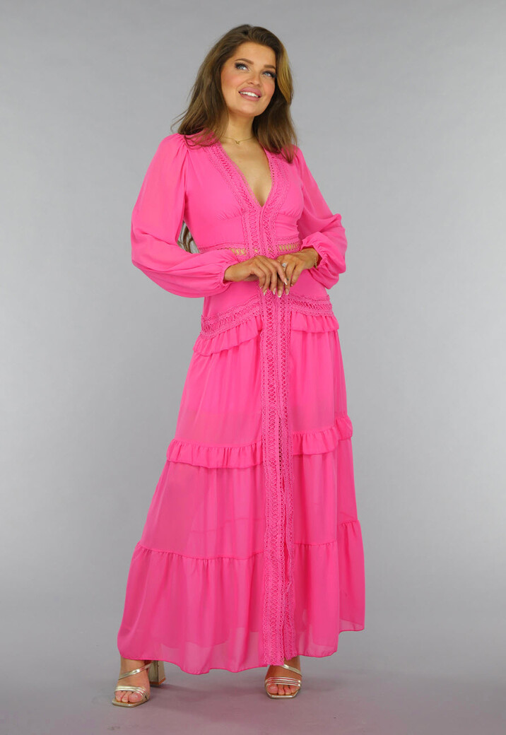 Roze Longsleeve Boho Jurk met Ruches