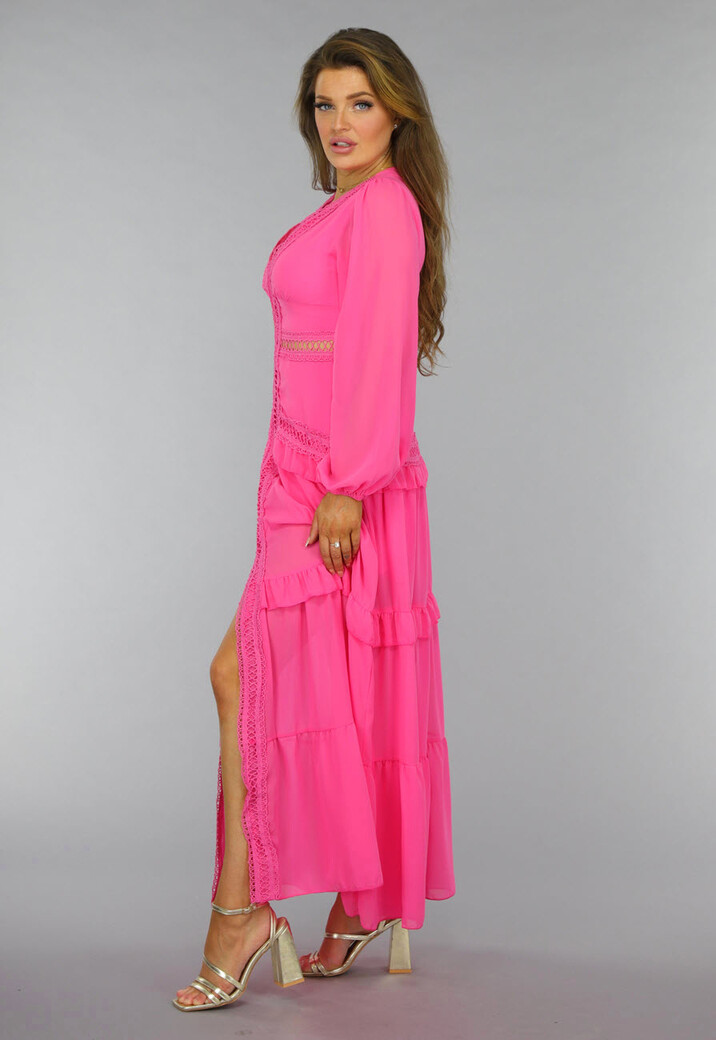 Roze Longsleeve Boho Jurk met Ruches