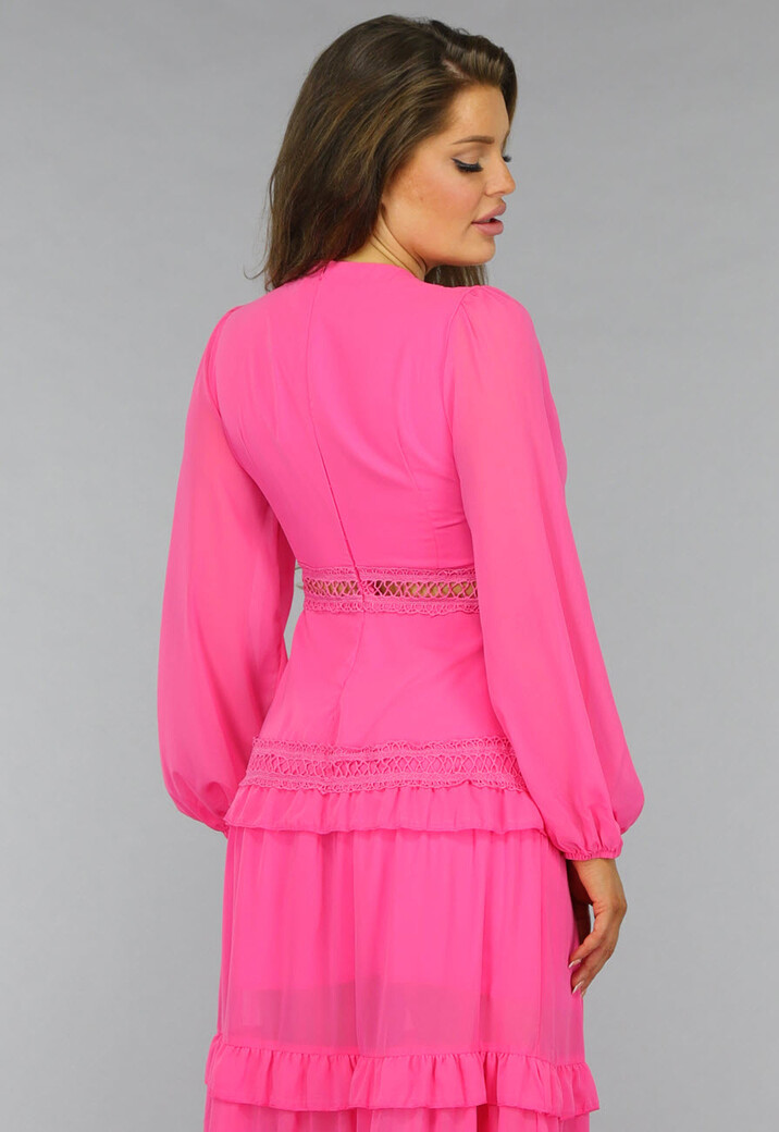 Roze Longsleeve Boho Jurk met Ruches