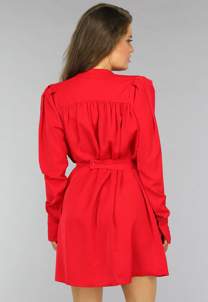 Rode Jurk met Pofmouwen en Tailleband