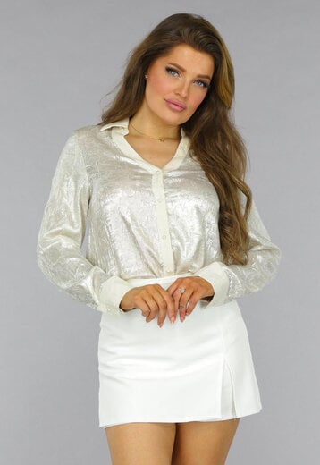 NEW2509 Beige Metallic Blouse met Parel Knopen