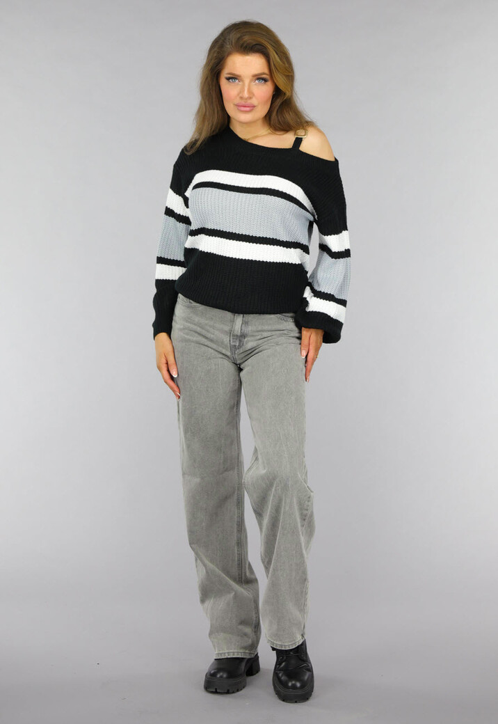 Gebreide Gestreepte One Shoulder Trui