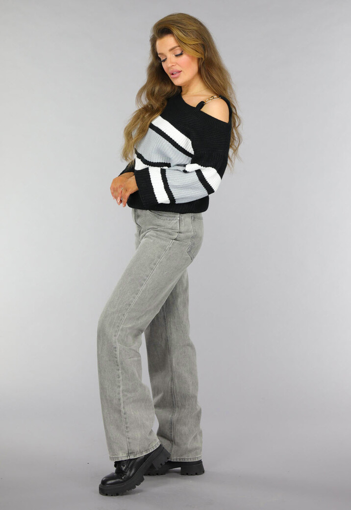 Gebreide Gestreepte One Shoulder Trui