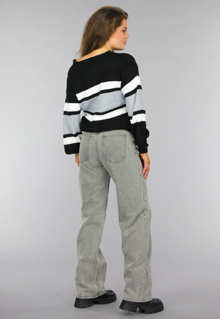 Gebreide Gestreepte One Shoulder Trui