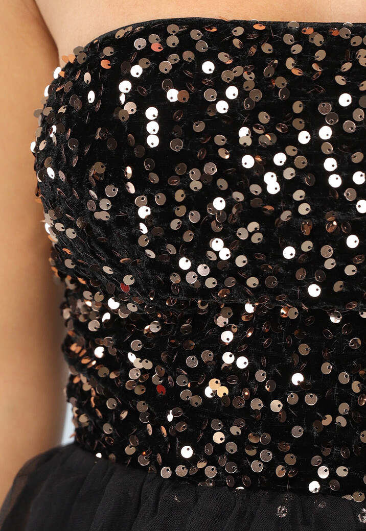 Zwart Strapless Tule Jurkje met Pailletten