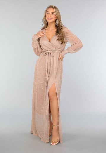 NEW2509 Beige Glitter Overslag Jurk met Split