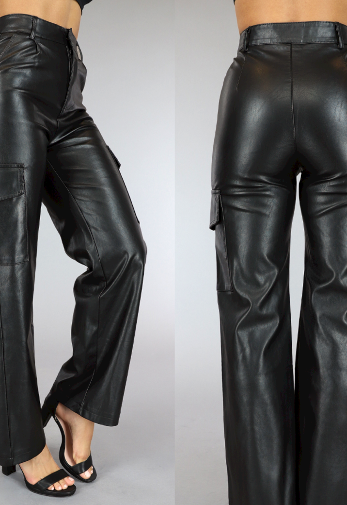 Zwarte Straight leg Lederlook Cargo