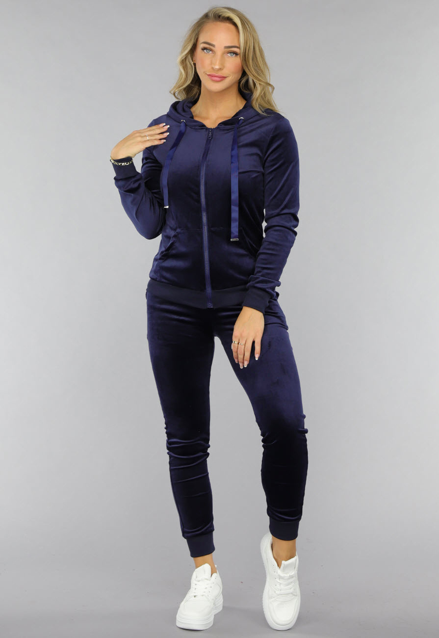 Hotouch Joggingpak voor dames, velours, winter, warm sportpak, vrijetijdspak, jumpsuit, trainingspak, hoodie en broek, trainingspak met zakken, S-XXL, marineblauw, XL