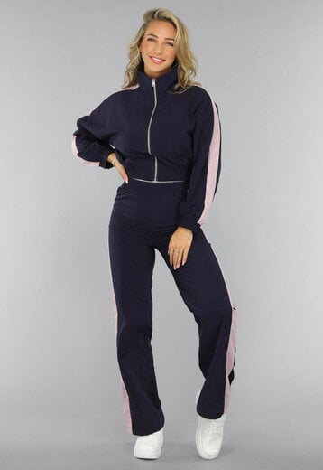 NEW0210 Donkerblauwe Windbreaker Set met Roze Streep