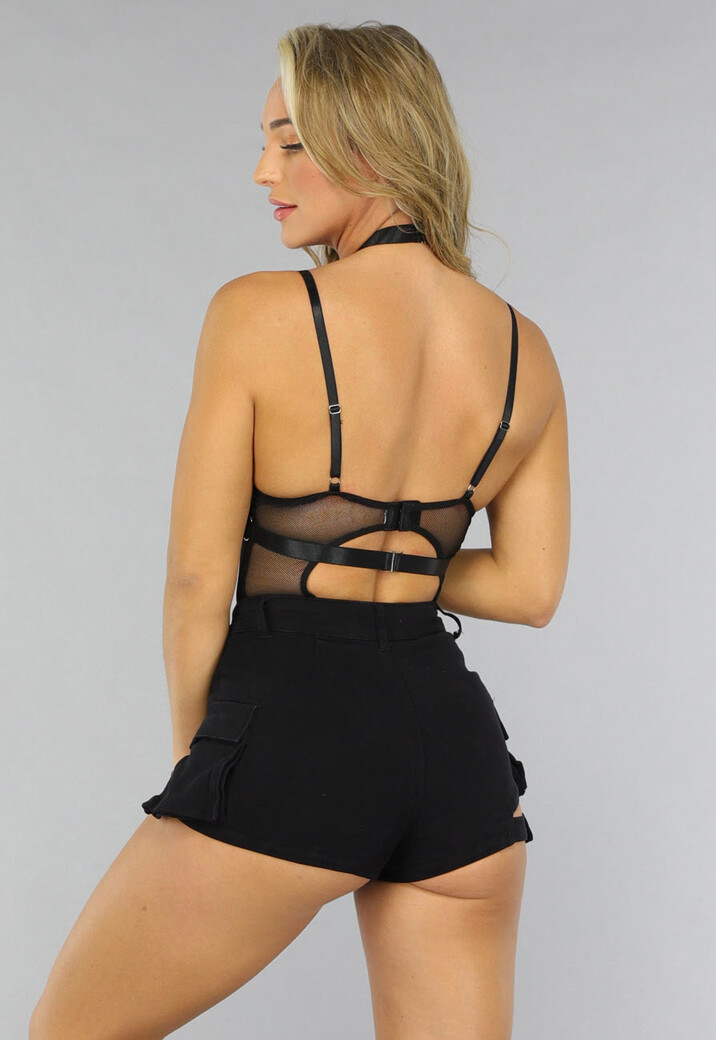 Speelse Zwarte Lederlook Bodysuit met Strappy Detail