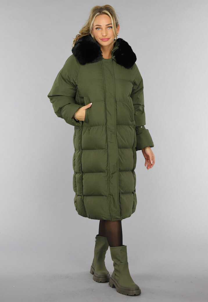 Donkergroene Oversized Puffer Jas met Bontkraag