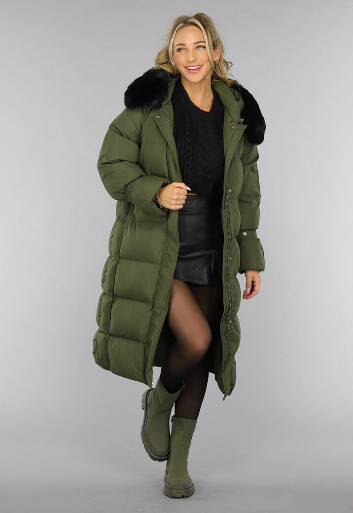 Donkergroene Oversized Puffer Jas met Bontkraag