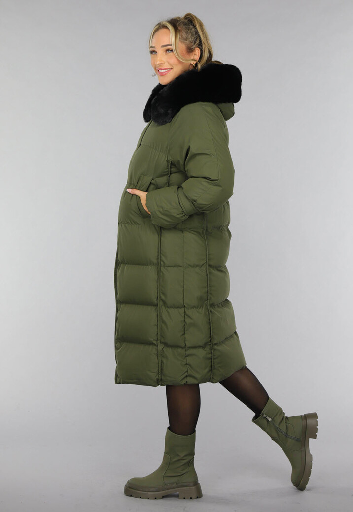 Donkergroene Oversized Puffer Jas met Bontkraag