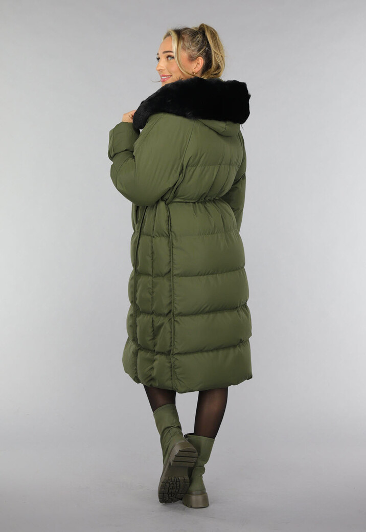 Donkergroene Oversized Puffer Jas met Bontkraag