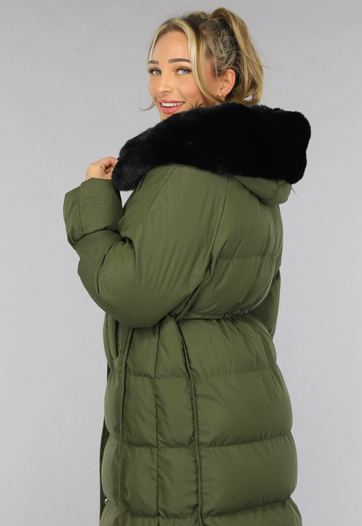 Donkergroene Oversized Puffer Jas met Bontkraag