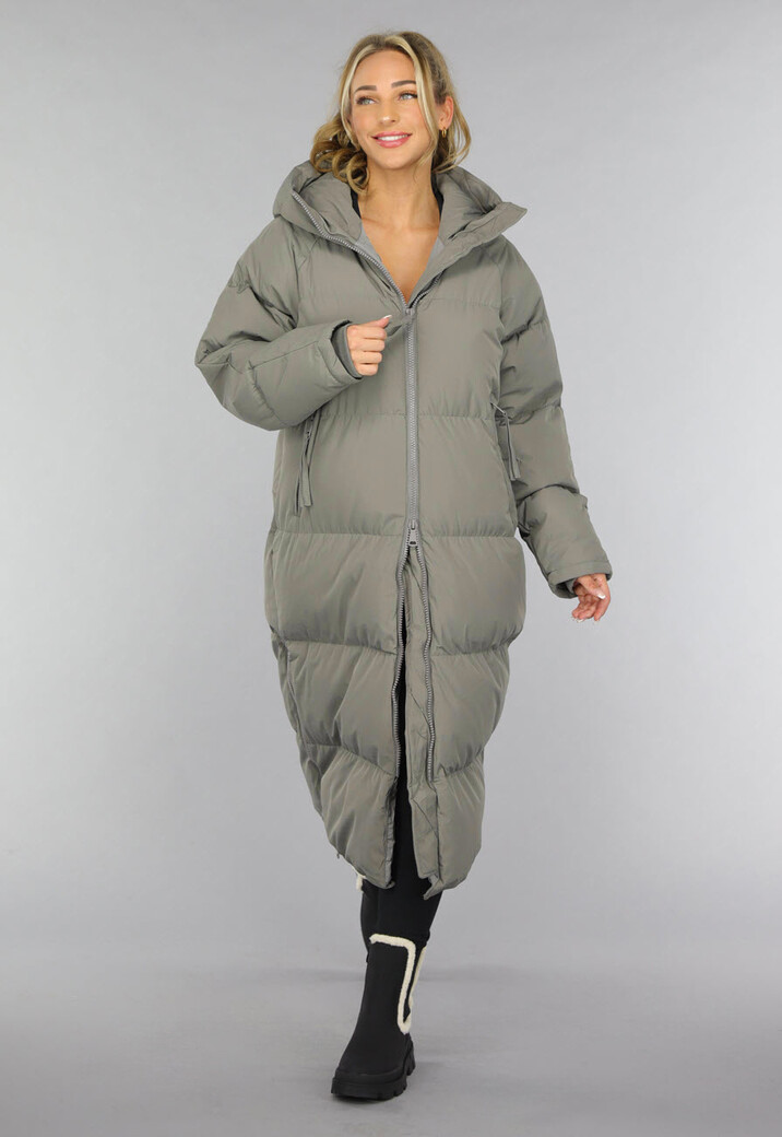 Grijze Lange Puffer Winterjas
