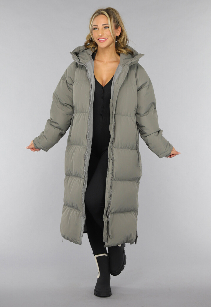 Grijze Lange Puffer Winterjas