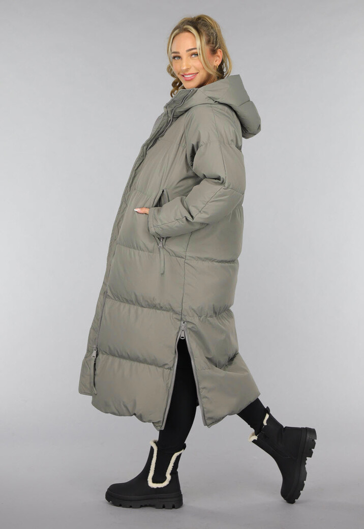 Grijze Lange Puffer Winterjas