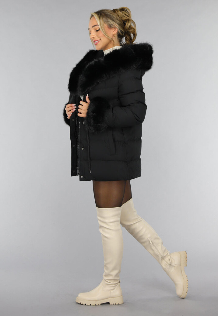 Zwarte Gewatteerde Winterjas met Bontkraag