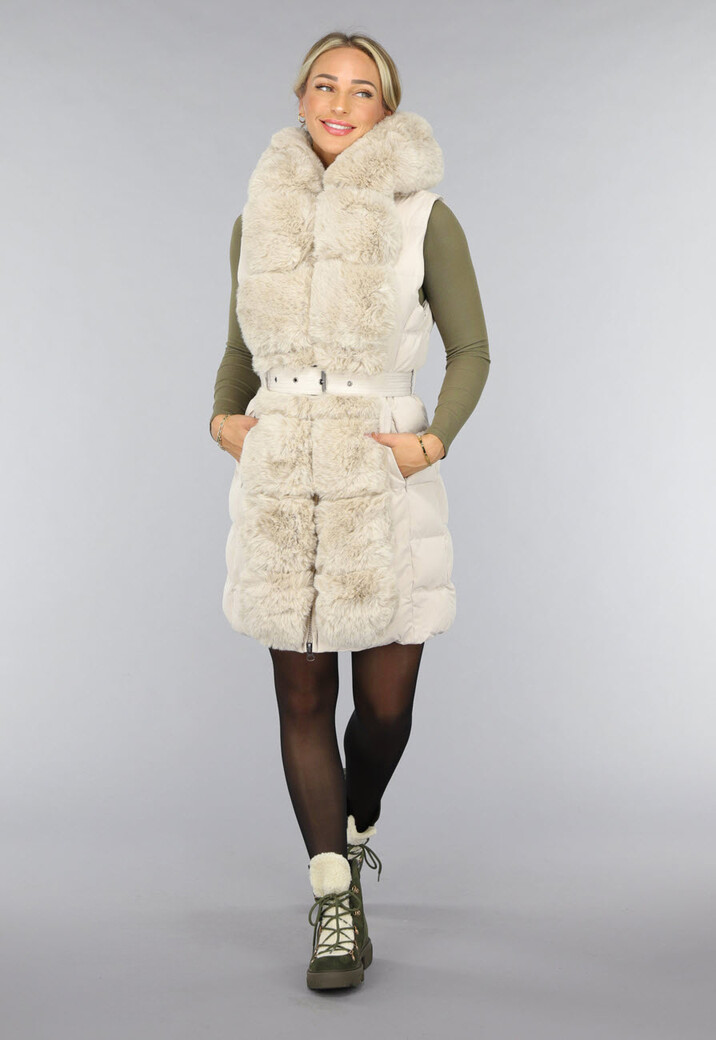 Beige Lange Bodywarmer met Capuchon