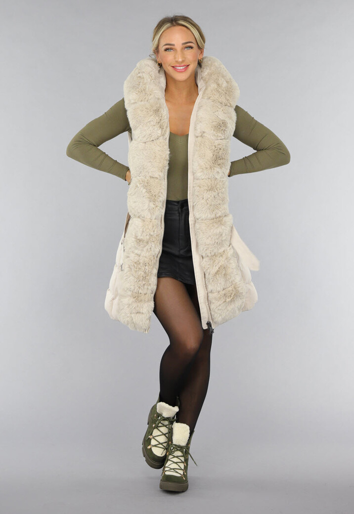 Beige Lange Bodywarmer met Capuchon