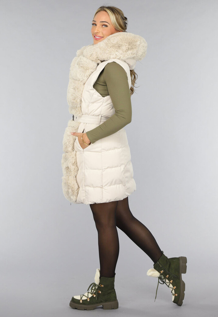 Beige Lange Bodywarmer met Capuchon