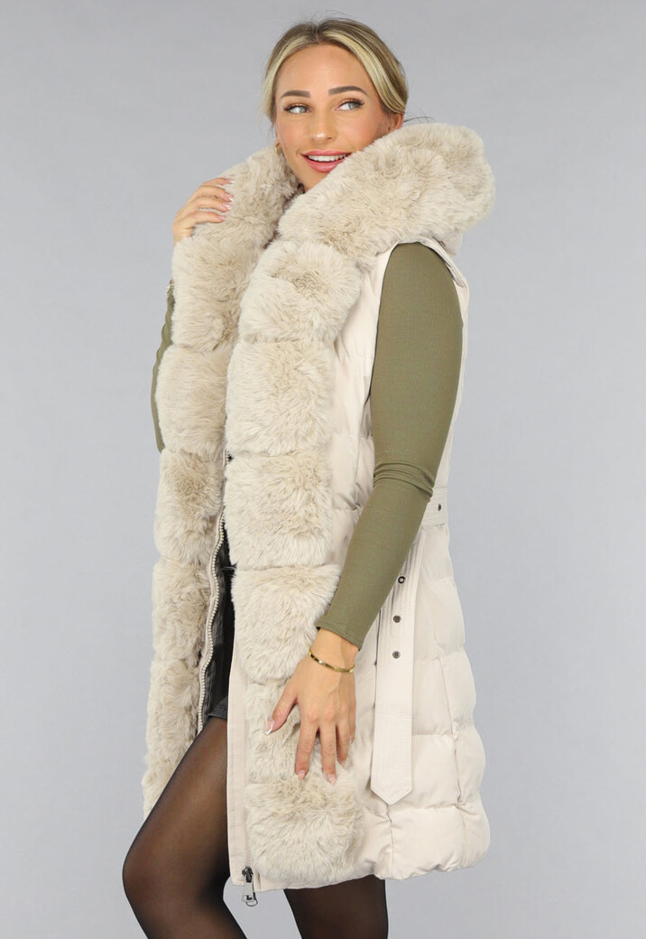 Beige Lange Bodywarmer met Capuchon