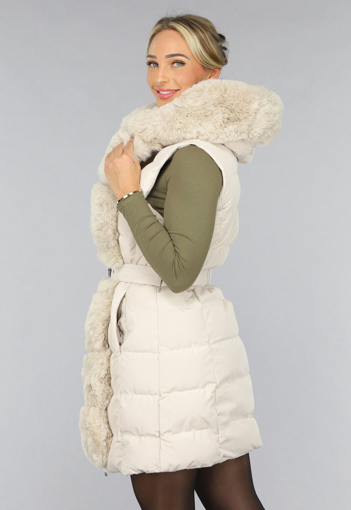 Beige Lange Bodywarmer met Capuchon