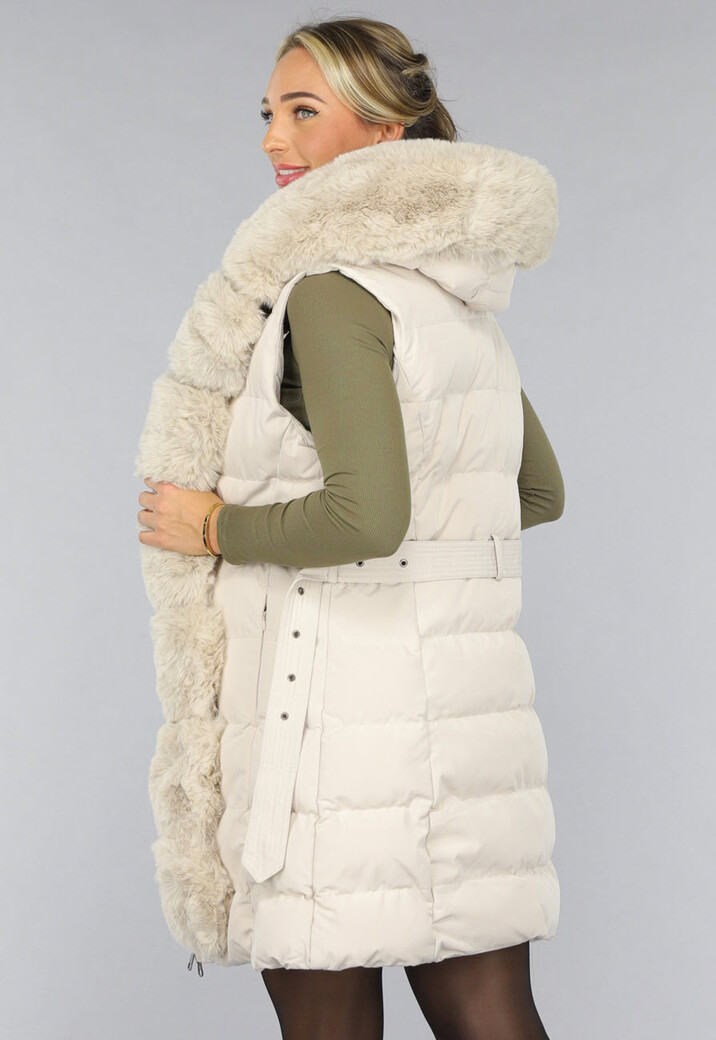 Beige Lange Bodywarmer met Capuchon