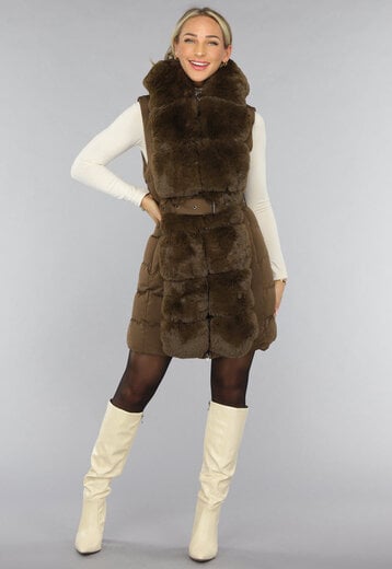 NEW0210 Lange Faux Fur Camel Bodywarmer met Riem