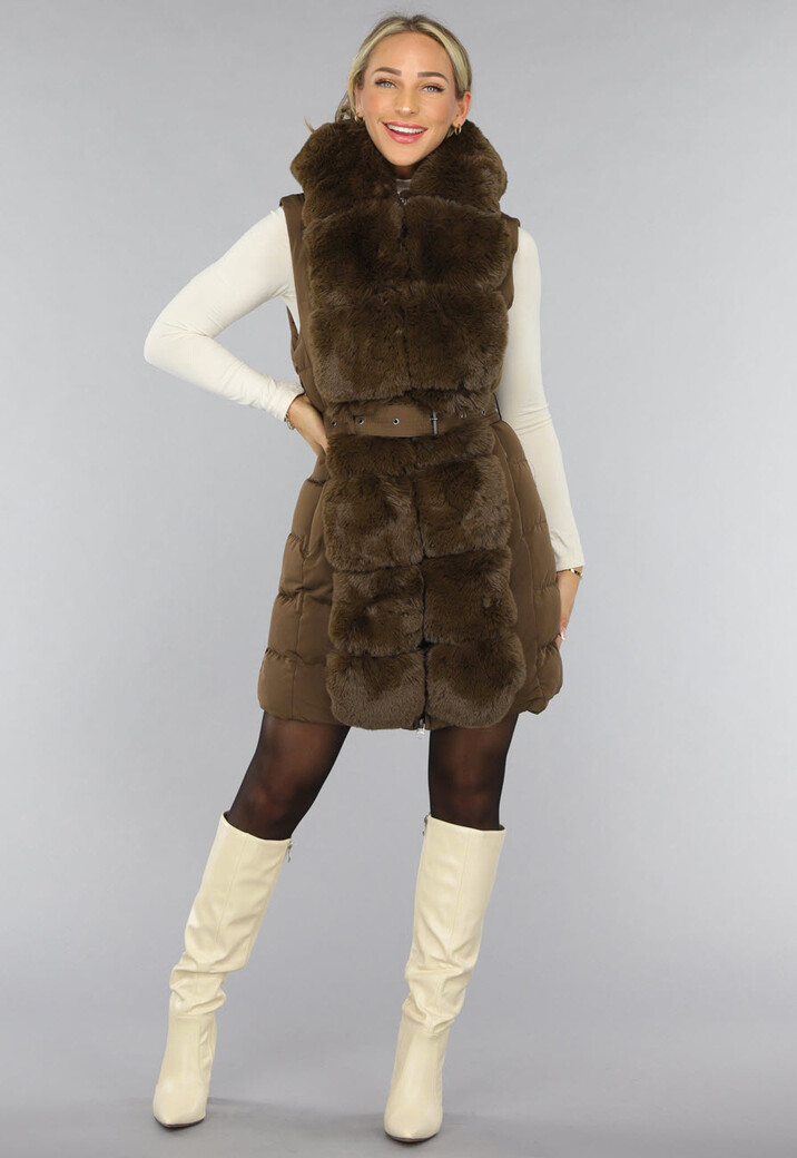 Lange Faux Fur Camel Bodywarmer met Riem