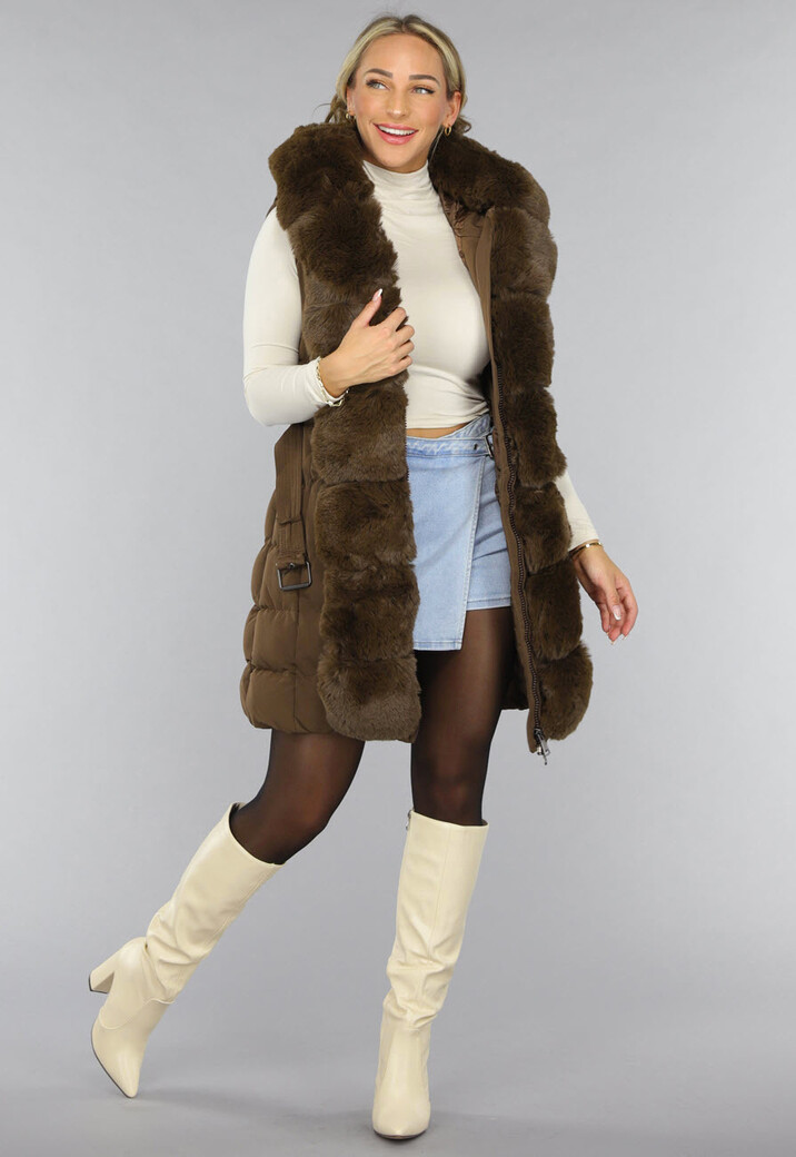 Lange Faux Fur Camel Bodywarmer met Riem