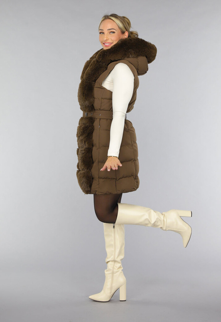 Lange Faux Fur Camel Bodywarmer met Riem