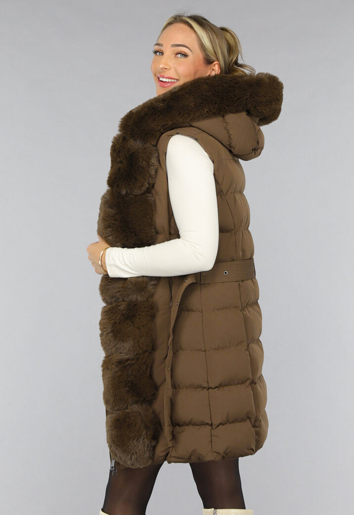 Lange Faux Fur Camel Bodywarmer met Riem