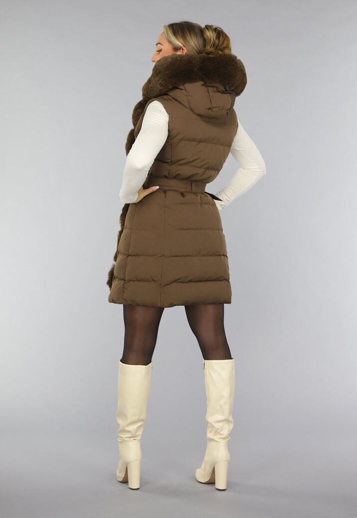 Lange Faux Fur Camel Bodywarmer met Riem