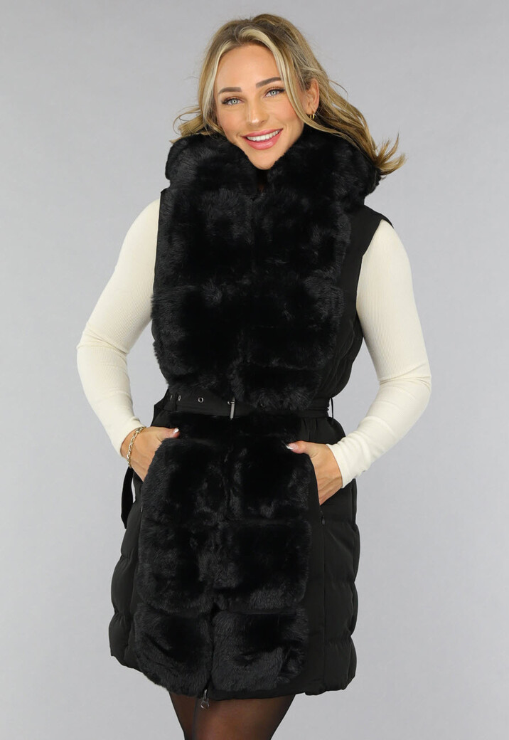 Lange Zwarte Gewatteerde Faux Fur Bodywarmer