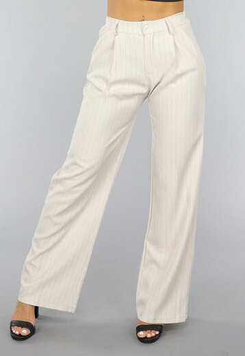 Beige Wide Leg Pantalon met Streepjes Patroon
