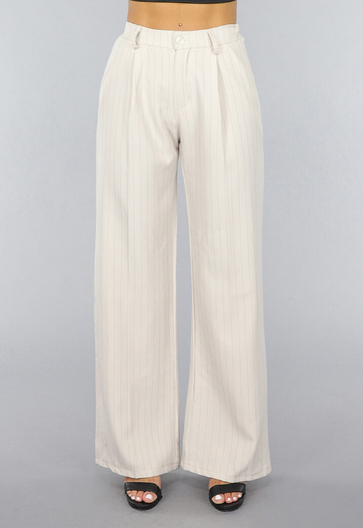 Beige Wide Leg Pantalon met Streepjes Patroon