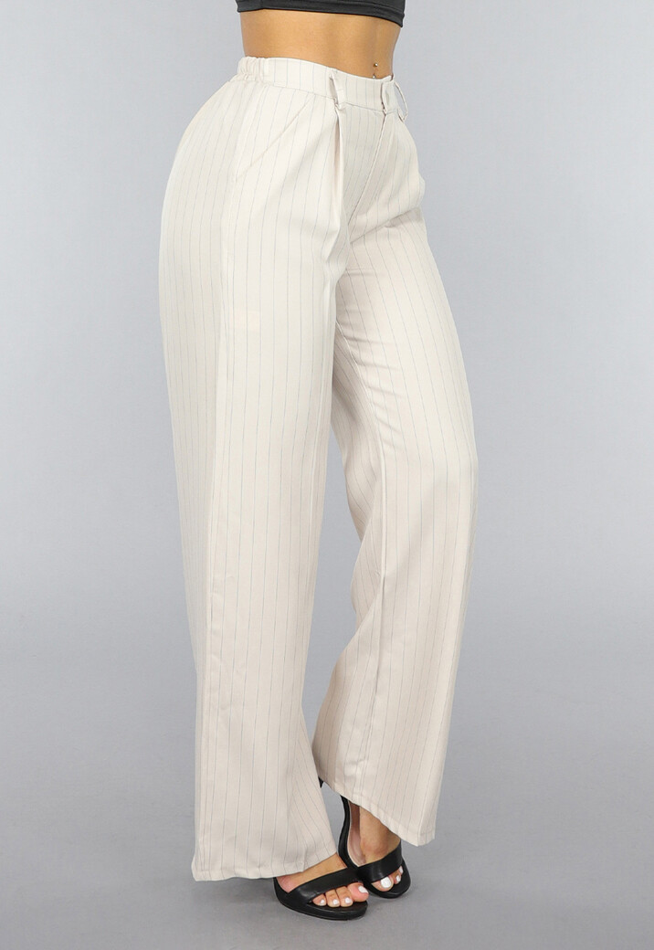 Beige Wide Leg Pantalon met Streepjes Patroon
