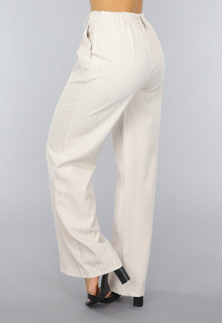 Beige Wide Leg Pantalon met Streepjes Patroon