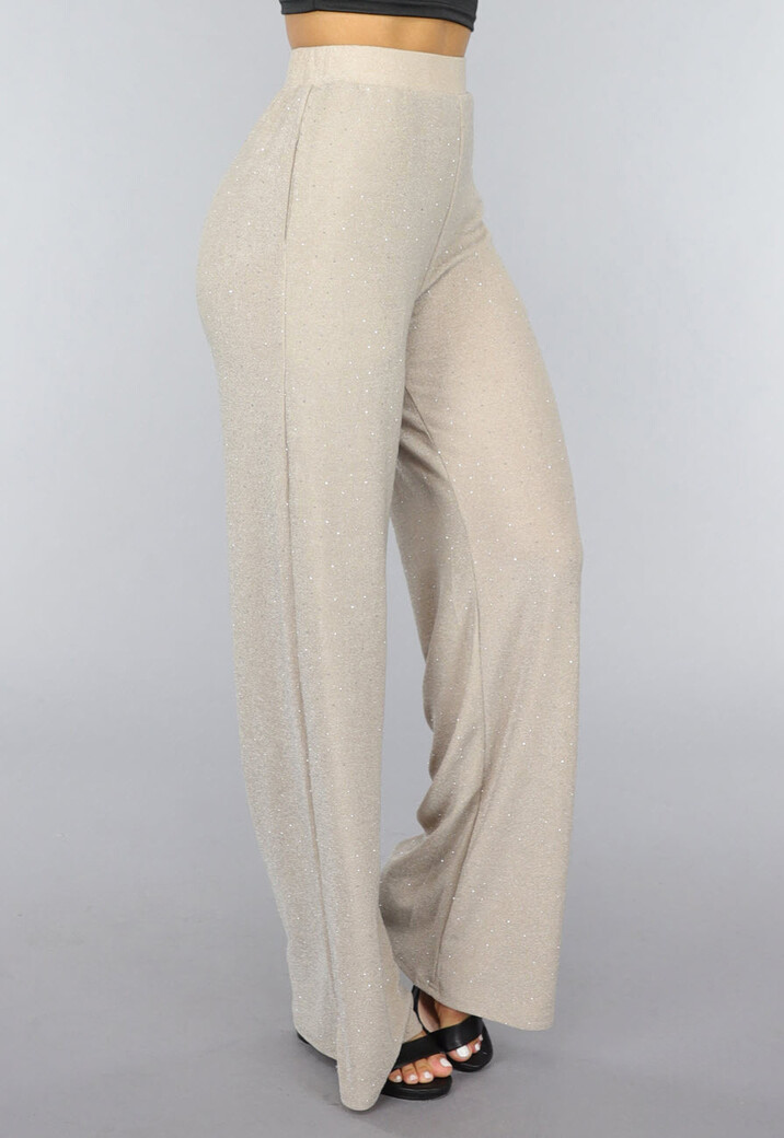 Beige Elastische Glitter Broek