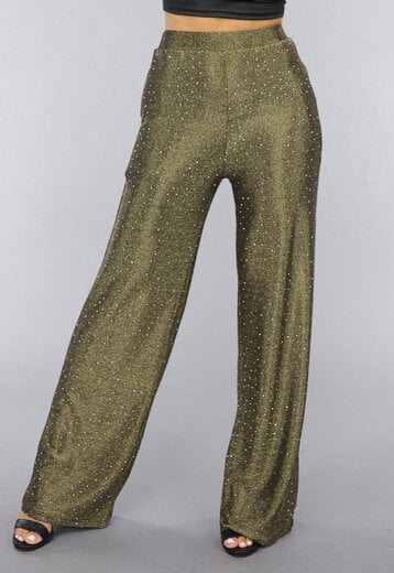 NEW0210 Gouden Wide Leg Pantalon met Glitter Steentjes