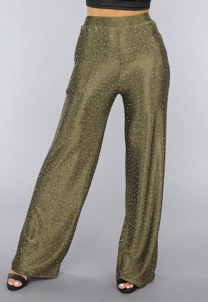 Gouden Wide Leg Pantalon met Glitter Steentjes