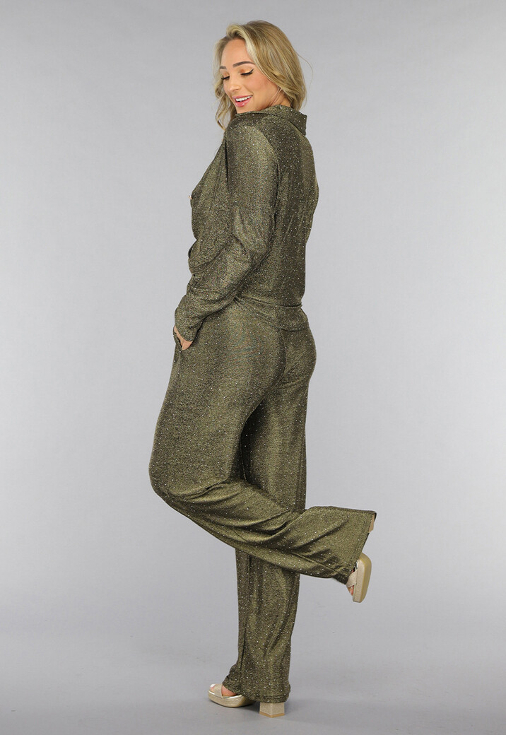 Gouden Wide Leg Pantalon met Glitter Steentjes