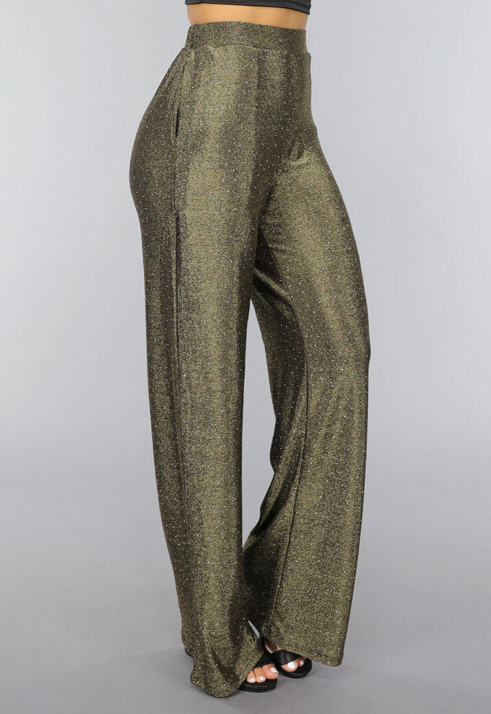 Gouden Wide Leg Pantalon met Glitter Steentjes